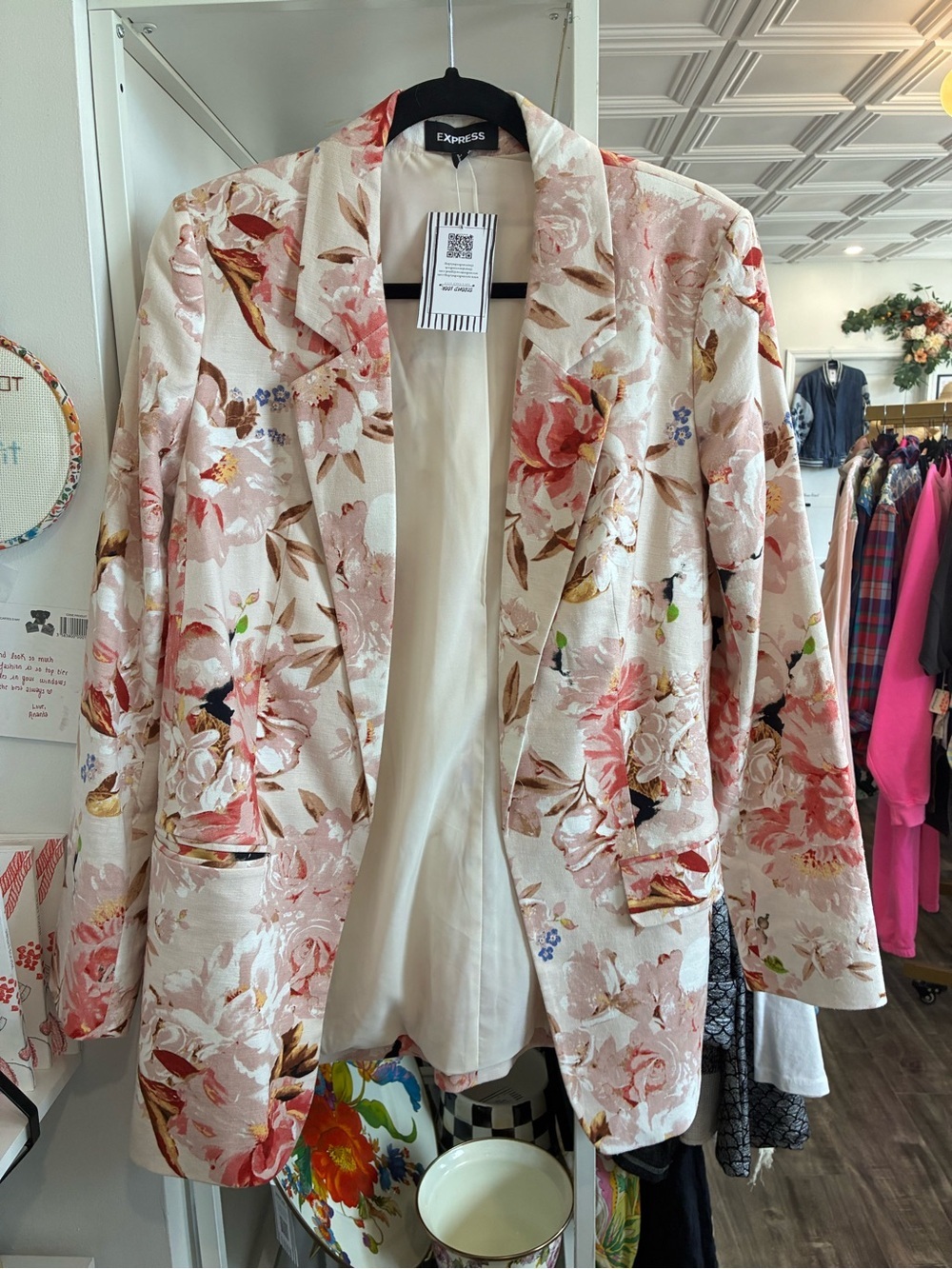 Express Floral Blazer Jacket in Pink and Cream
